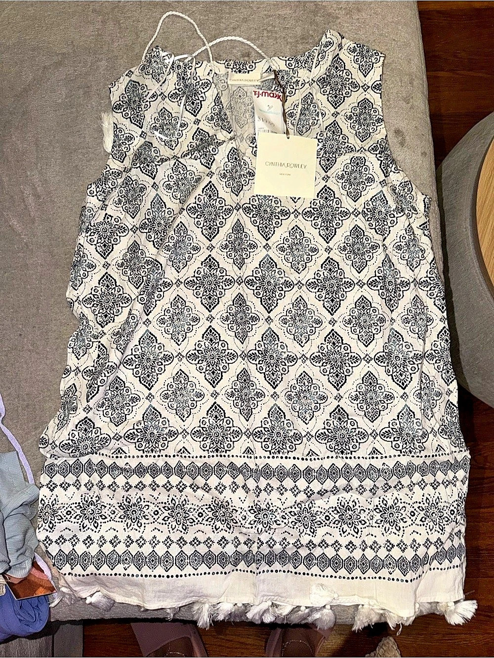 Cynthia Rowley Women's Geometric Fringe Tunic White & Blue Large NWT